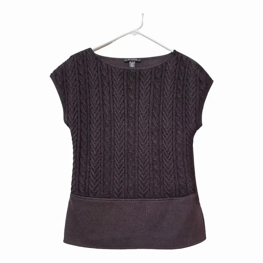ST. JOHN Black Knit Sweater Loose Fitting Cap Sleeve Cable Knit Stretch Top Sz P